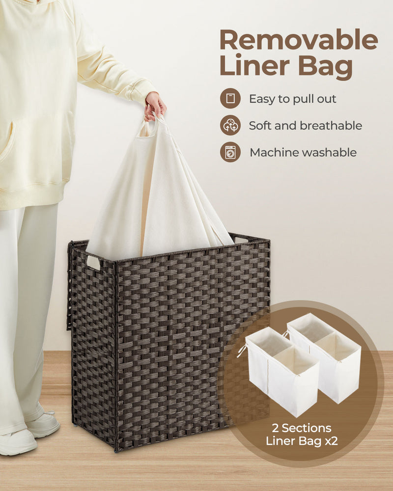 Greenstell Laundry Hamper with lid, No Install Needed, 110L Wicker Laundry Baskets Foldable 2 Removable Liner Bags, 2 Section Clothes Hamper Handwoven Rattan Laundry Basket with Handle, Black