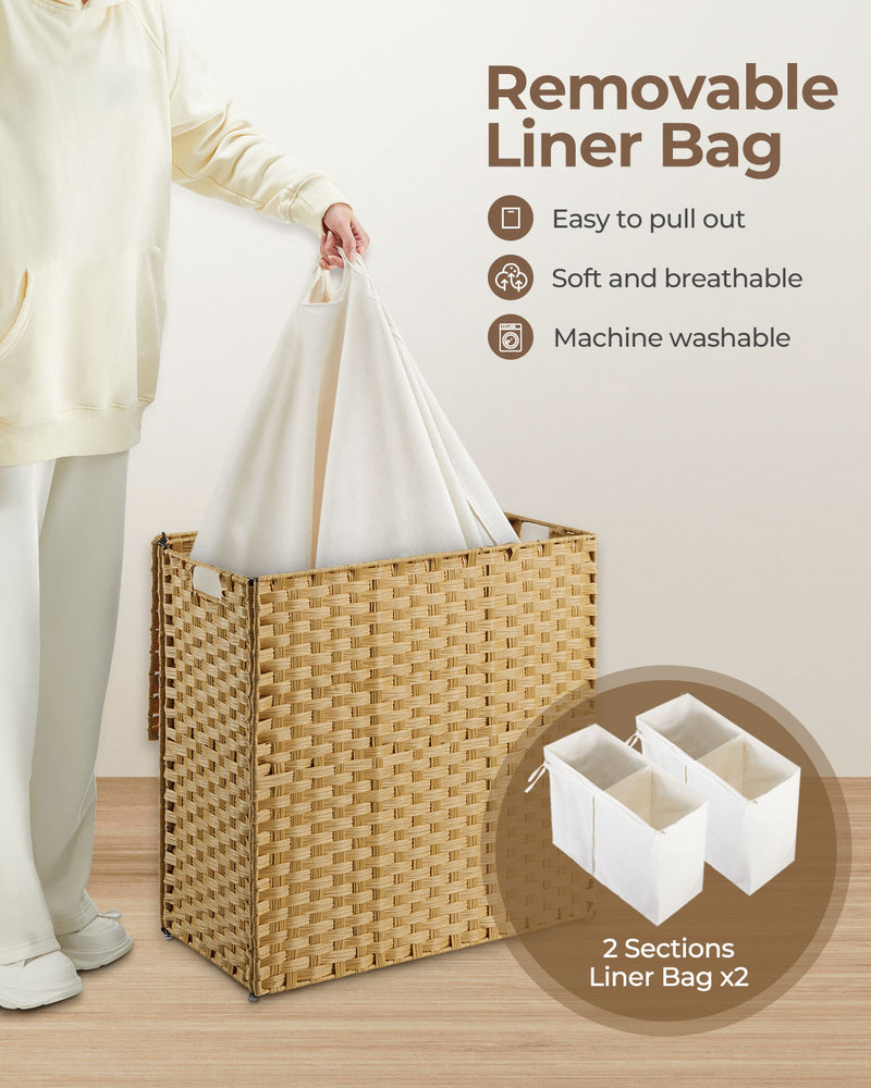 Greenstell Laundry Hamper with lid, No Install Needed, 90L/110L/130L Wicker Laundry Baskets Foldable 2 Removable Liner Bags, 2 Section Clothes Hamper Handwoven Rattan Laundry Basket with Handles
