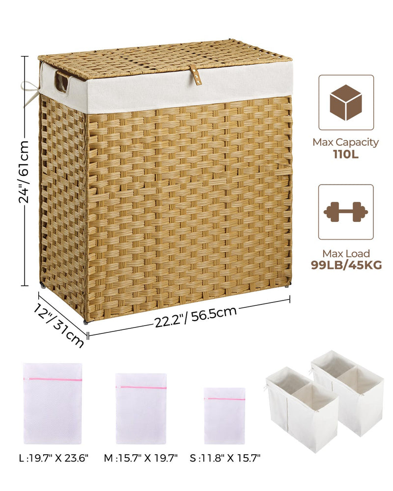 Greenstell Laundry Hamper with lid, No Install Needed, 90L/110L/130L Wicker Laundry Baskets Foldable 2 Removable Liner Bags, 2 Section Clothes Hamper Handwoven Rattan Laundry Basket with Handles