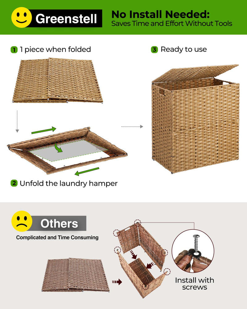 Greenstell Laundry Hamper with lid, No Install Needed, 90L/110L/130L Wicker Laundry Baskets Foldable 2 Removable Liner Bags, 2 Section Clothes Hamper Handwoven Rattan Laundry Basket with Handles