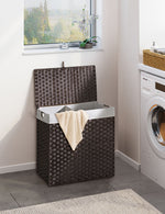 Greenstell Laundry Hamper with lid, No Install Needed, 110L Wicker Laundry Baskets Foldable 2 Removable Liner Bags, 2 Section Clothes Hamper Handwoven Rattan Laundry Basket with Handle, Black