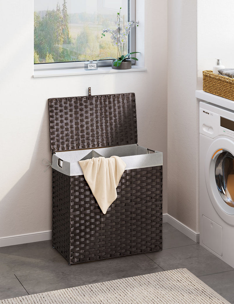 Greenstell Laundry Hamper with lid, No Install Needed, 110L Wicker Laundry Baskets Foldable 2 Removable Liner Bags, 2 Section Clothes Hamper Handwoven Rattan Laundry Basket with Handle, Black