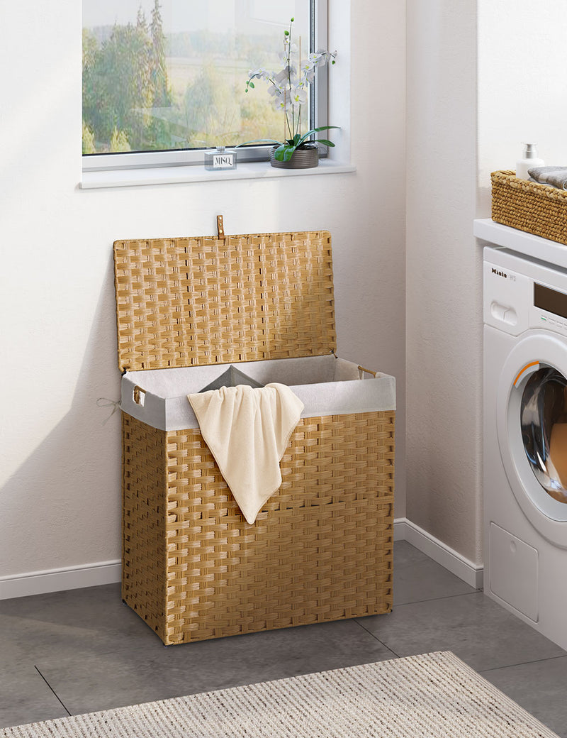 Greenstell Laundry Hamper with lid, No Install Needed, 90L/110L/130L Wicker Laundry Baskets Foldable 2 Removable Liner Bags, 2 Section Clothes Hamper Handwoven Rattan Laundry Basket with Handles