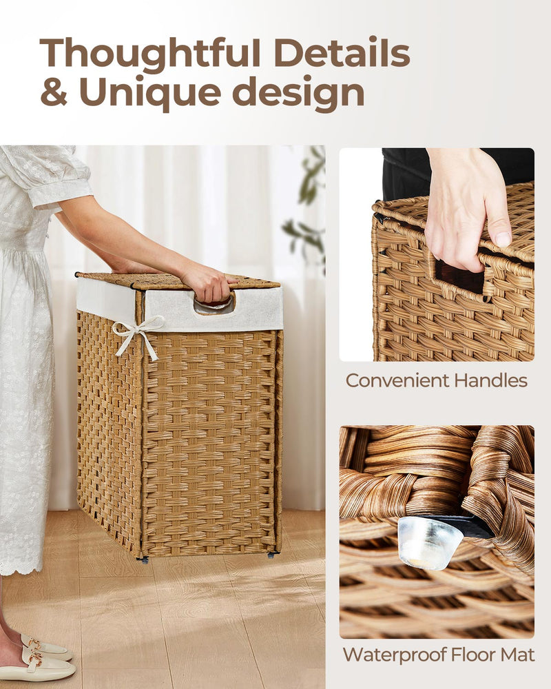 Greenstell Laundry Hamper with lid, No Install Needed, 90L/110L/130L Wicker Laundry Baskets Foldable 2 Removable Liner Bags, 2 Section Clothes Hamper Handwoven Rattan Laundry Basket with Handles