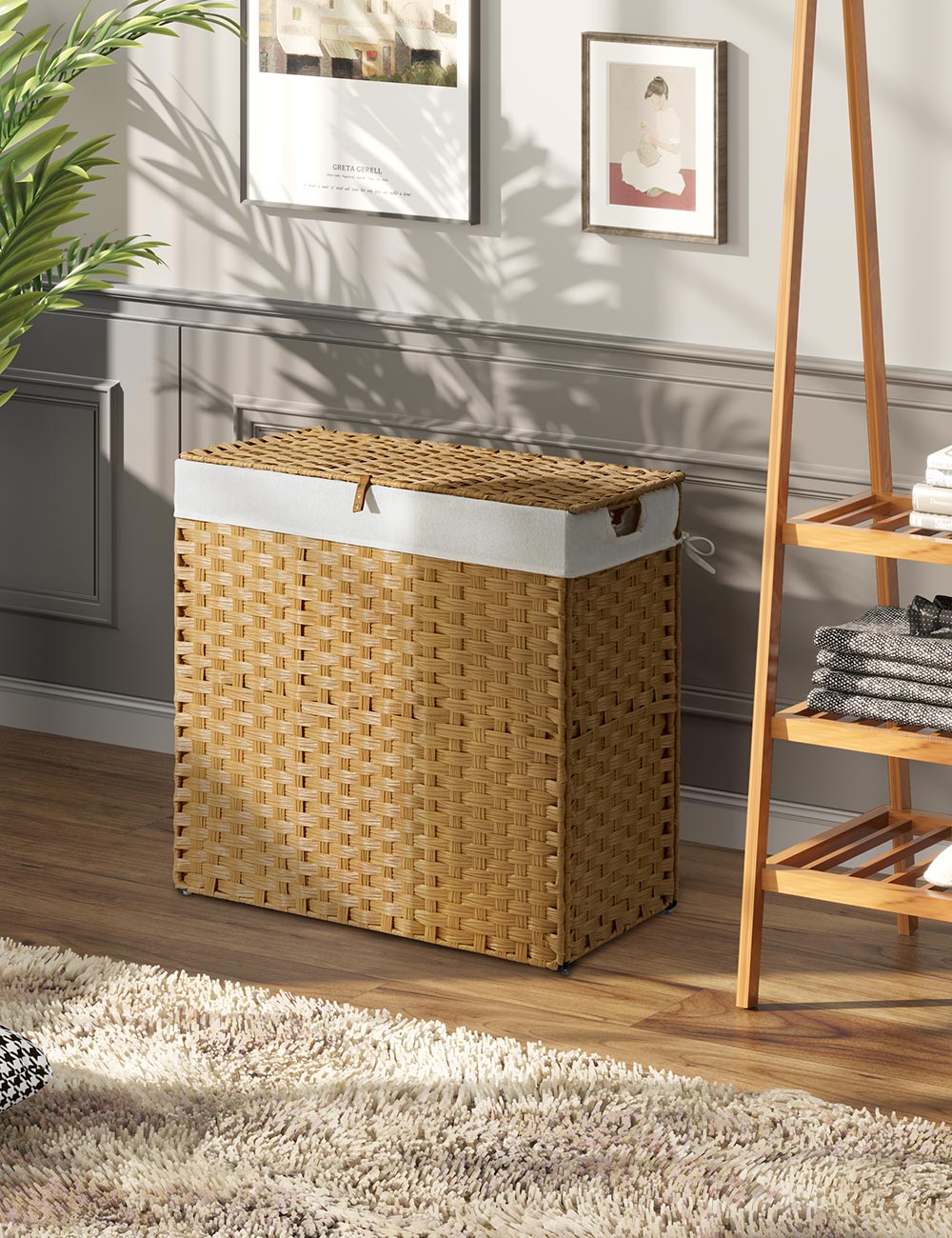 Greenstell Laundry Hamper with lid, No Install Needed, 90L/110L/130L Wicker Laundry Baskets Foldable 2 Removable Liner Bags, 2 Section Clothes Hamper Handwoven Rattan Laundry Basket with Handles