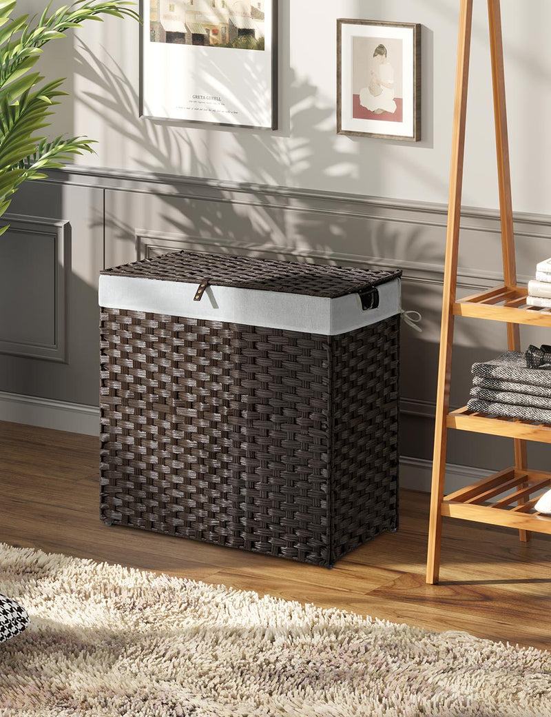 Greenstell Laundry Hamper with lid, No Install Needed, 110L Wicker Laundry Baskets Foldable 2 Removable Liner Bags, 2 Section Clothes Hamper Handwoven Rattan Laundry Basket with Handle, Black