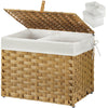 GREENSTELL Storage Basket with Lid, Wicker Basket with Lid, Handwoven Blanket Storage Basket with Handles, Removable Cotton Liner, Metal Frame, Foldable for Bedroom, Laundry Room