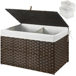 GREENSTELL Storage Basket with Lid, Wicker Basket with Lid, Handwoven Blanket Storage Basket with Handles, Removable Cotton Liner, Metal Frame, Foldable for Bedroom, Laundry Room