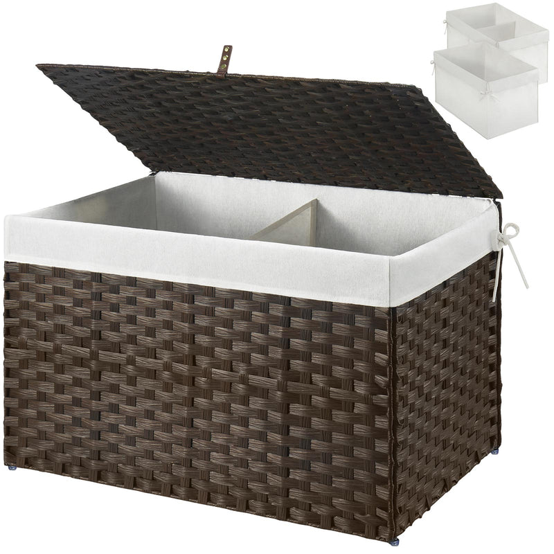 GREENSTELL Storage Basket with Lid, Wicker Basket with Lid, Handwoven Blanket Storage Basket with Handles, Removable Cotton Liner, Metal Frame, Foldable for Bedroom, Laundry Room