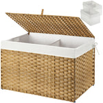 GREENSTELL Storage Basket with Lid, Wicker Basket with Lid, Handwoven Blanket Storage Basket with Handles, Removable Cotton Liner, Metal Frame, Foldable for Bedroom, Laundry Room