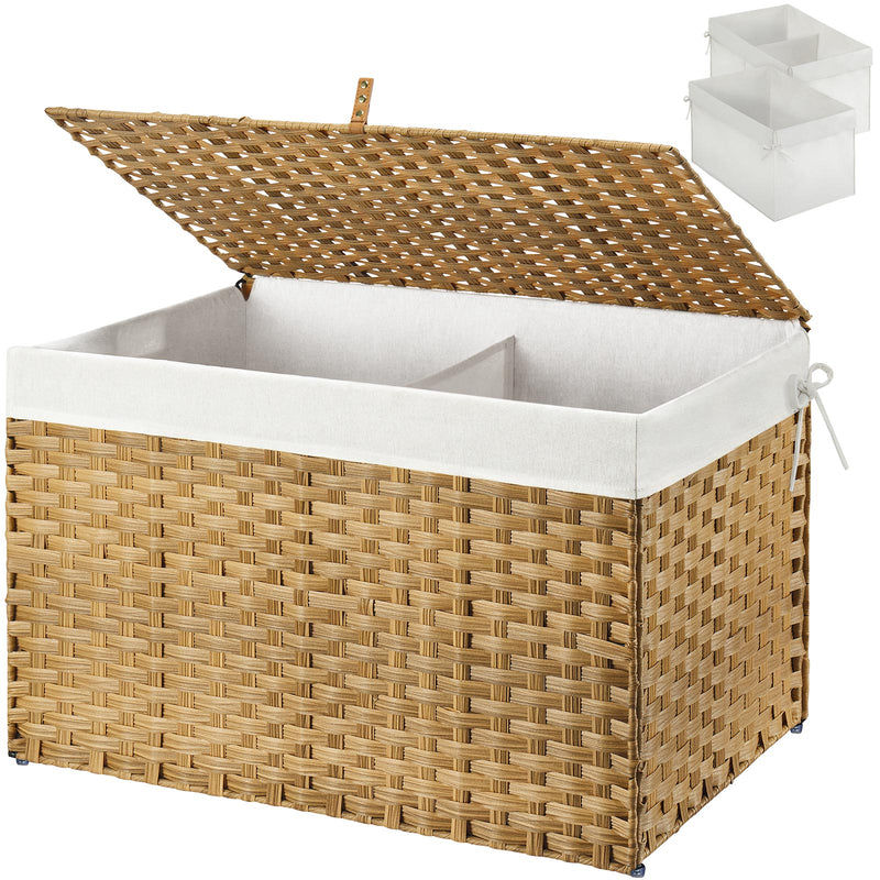GREENSTELL Storage Basket with Lid, Wicker Basket with Lid, Handwoven Blanket Storage Basket with Handles, Removable Cotton Liner, Metal Frame, Foldable for Bedroom, Laundry Room