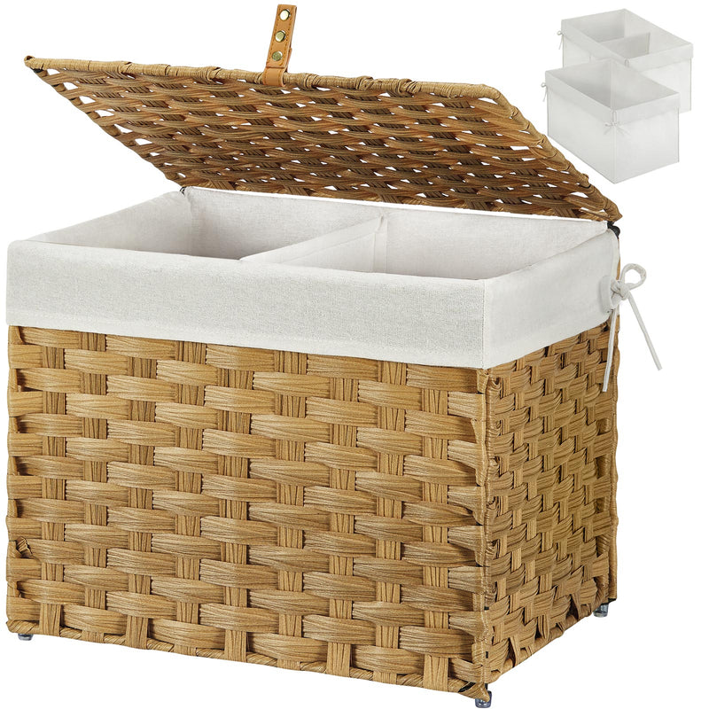 GREENSTELL Storage Basket with Lid, Wicker Basket with Lid, Handwoven Blanket Storage Basket with Handles, Removable Cotton Liner, Metal Frame, Foldable for Bedroom, Laundry Room