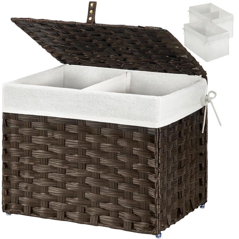 GREENSTELL Storage Basket with Lid, Wicker Basket with Lid, Handwoven Blanket Storage Basket with Handles, Removable Cotton Liner, Metal Frame, Foldable for Bedroom, Laundry Room
