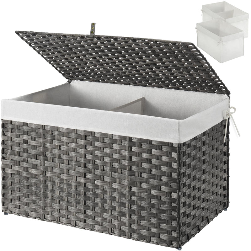 GREENSTELL Storage Basket with Lid, Wicker Basket with Lid, Handwoven Blanket Storage Basket with Handles, Removable Cotton Liner, Metal Frame, Foldable for Bedroom, Laundry Room