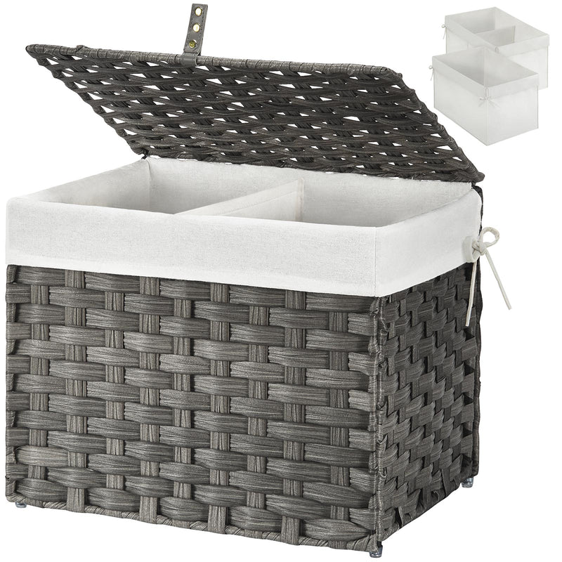 GREENSTELL Storage Basket with Lid, Wicker Basket with Lid, Handwoven Blanket Storage Basket with Handles, Removable Cotton Liner, Metal Frame, Foldable for Bedroom, Laundry Room