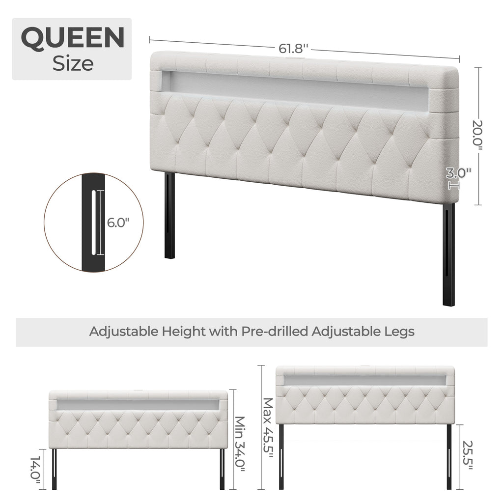 GREENSTELL Headboard for Queen Size Bed with 60,000 DIY Color of LED Light, USB & Type C Post, Attach Frame, Height Adjustable, White Leather Wall Mounted Head Boards Only, Sturdy & Stable, Queen