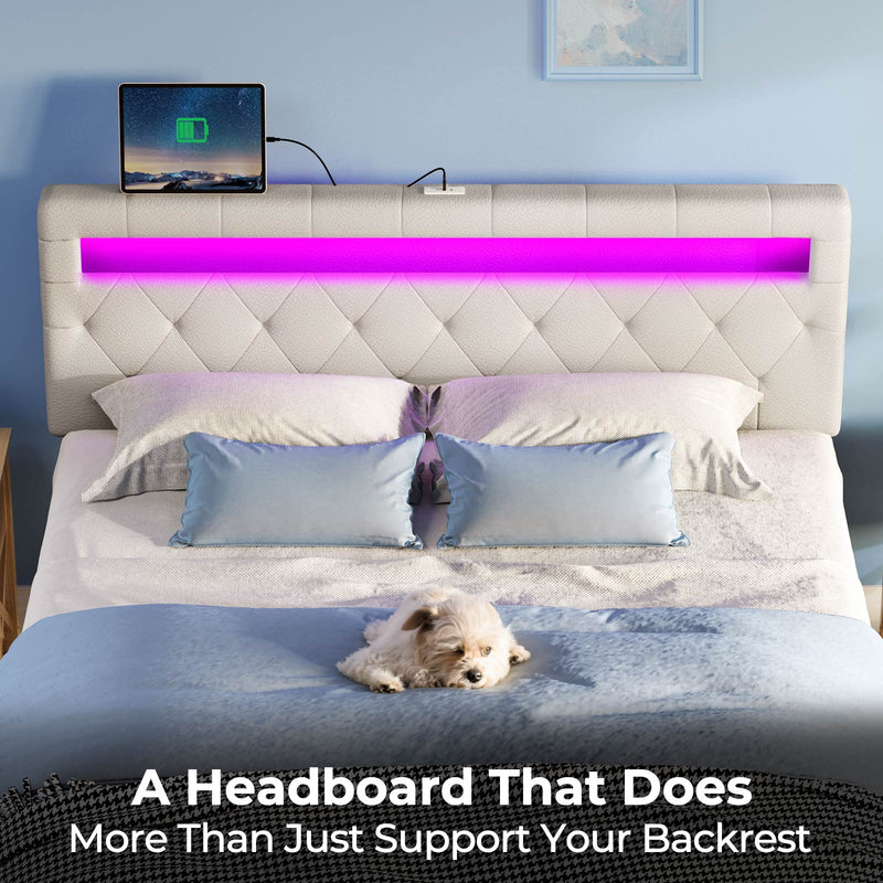 GREENSTELL Headboard for Full Size Bed with 60,000 DIY Color of LED Light, USB & Type C Post, Attach Frame, Height Adjustable, White Leather Wall Mounted Head Boards Only, Sturdy & Stable, Full
