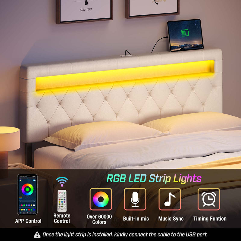 GREENSTELL Headboard for Full Size Bed with 60,000 DIY Color of LED Light, USB & Type C Post, Attach Frame, Height Adjustable, White Leather Wall Mounted Head Boards Only, Sturdy & Stable, Full