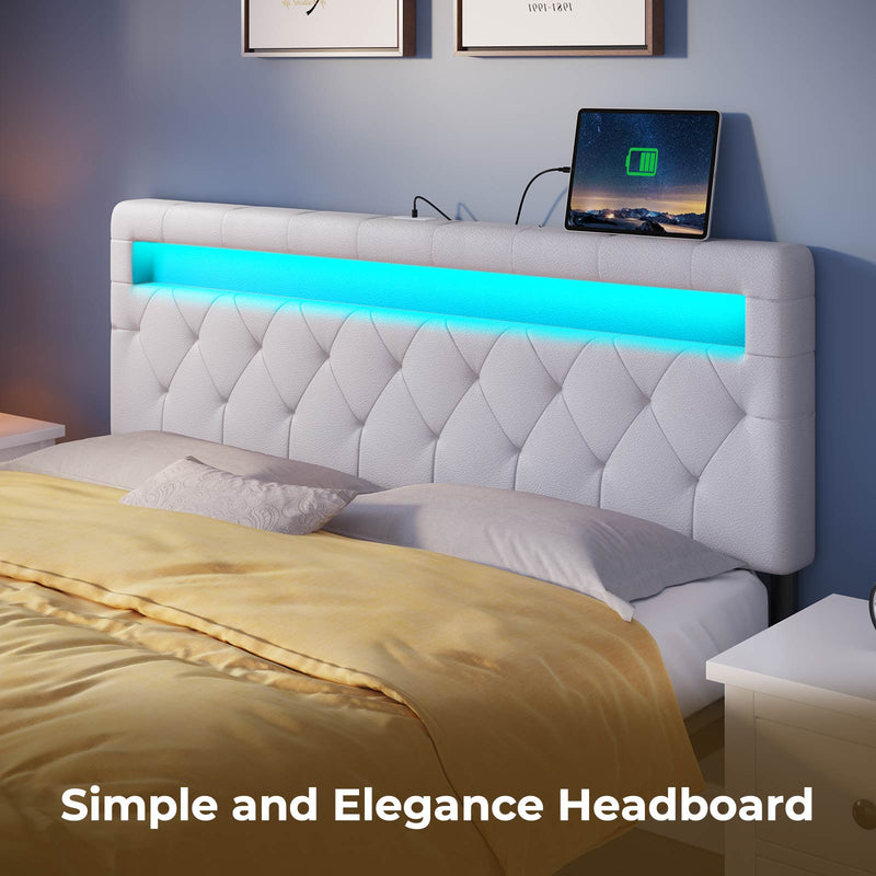 GREENSTELL Headboard for Full Size Bed with 60,000 DIY Color of LED Light, USB & Type C Post, Attach Frame, Height Adjustable, White Leather Wall Mounted Head Boards Only, Sturdy & Stable, Full