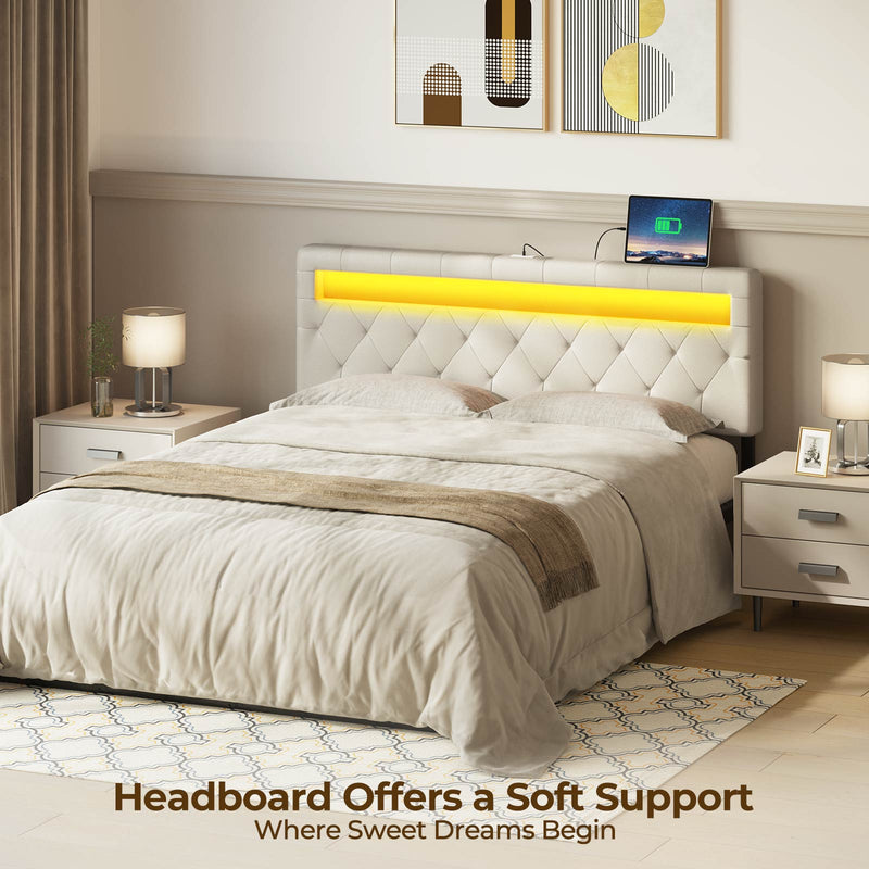 GREENSTELL Headboard for Full Size Bed with 60,000 DIY Color of LED Light, USB & Type C Post, Attach Frame, Height Adjustable, White Leather Wall Mounted Head Boards Only, Sturdy & Stable, Full