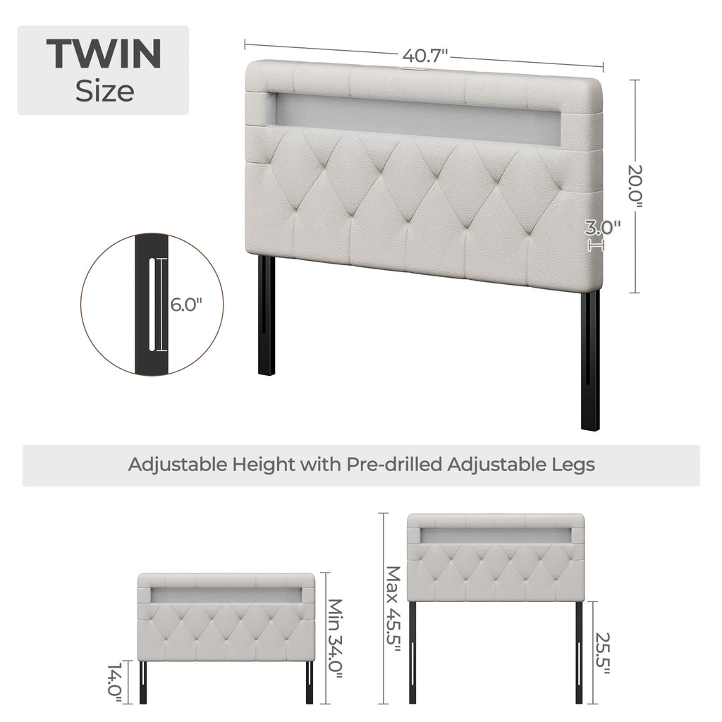 GREENSTELL Headboard for Twin Size Bed with 60,000 DIY Color of LED Light, USB & Type C Post, Attach Frame, Height Adjustable, White Leather Wall Mounted Head Boards Only, Sturdy & Stable, Twin