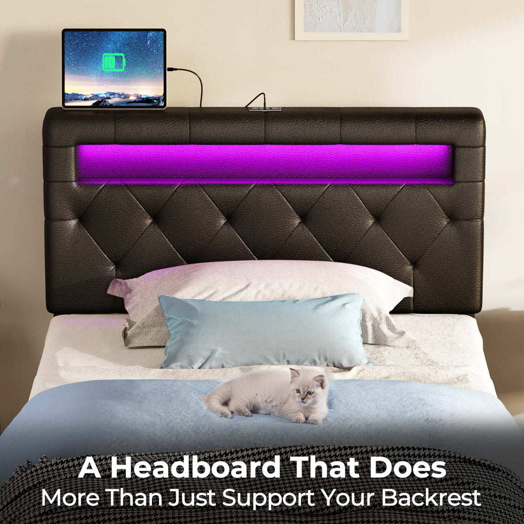GREENSTELL Headboard for Twin Size Bed with 60,000 DIY Color of LED Light, USB & Type C Post, Attach Frame, Height Adjustable, Black Wall Mounted Head Boards Only, Sturdy & Stable, Comfortable, Twin