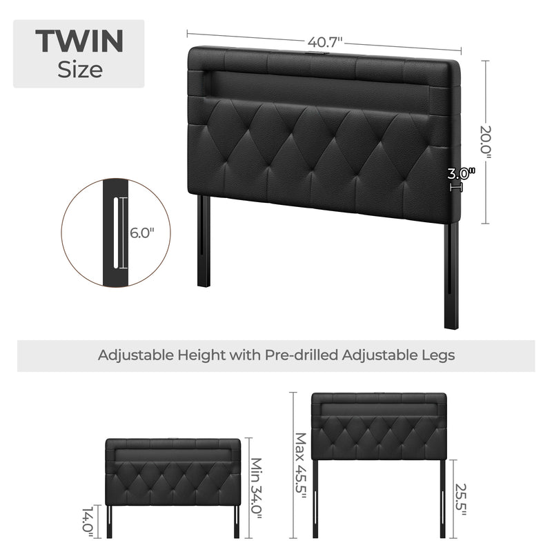 GREENSTELL Headboard for Twin Size Bed with 60,000 DIY Color of LED Light, USB & Type C Post, Attach Frame, Height Adjustable, Black Wall Mounted Head Boards Only, Sturdy & Stable, Comfortable, Twin