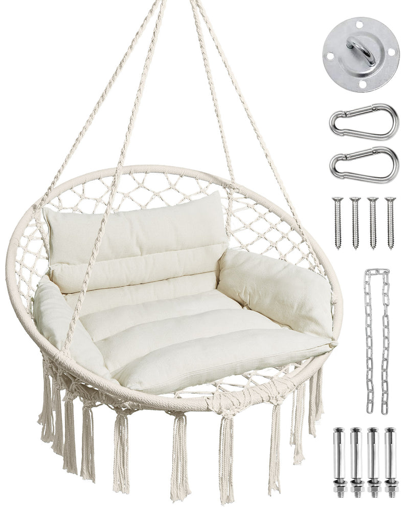 Greenstell Hammock Chair, Macrame Swing Chair with Comfy Cushion, Boho Hanging Chair for Outdoor & Indoor, Perfect for Bedroom, Patio, Balcony, Hold up to 330Lbs, 350lbs