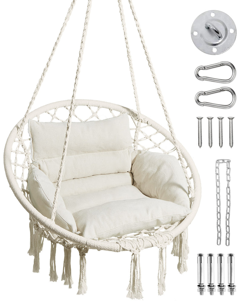Greenstell Hammock Chair, Macrame Swing Chair with Comfy Cushion, Boho Hanging Chair for Outdoor & Indoor, Perfect for Bedroom, Patio, Balcony, Hold up to 330Lbs, 350lbs