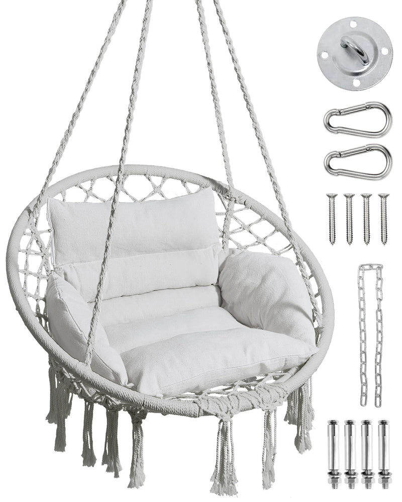 Greenstell Hammock Chair, Macrame Swing Chair with Comfy Cushion, Boho Hanging Chair for Outdoor & Indoor, Perfect for Bedroom, Patio, Balcony, Hold up to 330Lbs, 350lbs