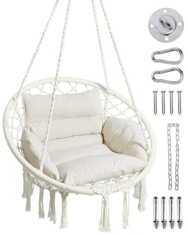 Greenstell Hammock Chair, Macrame Swing Chair with Comfy Cushion, Boho Hanging Chair for Outdoor & Indoor, Perfect for Bedroom, Patio, Balcony, Hold up to 330Lbs, 350lbs