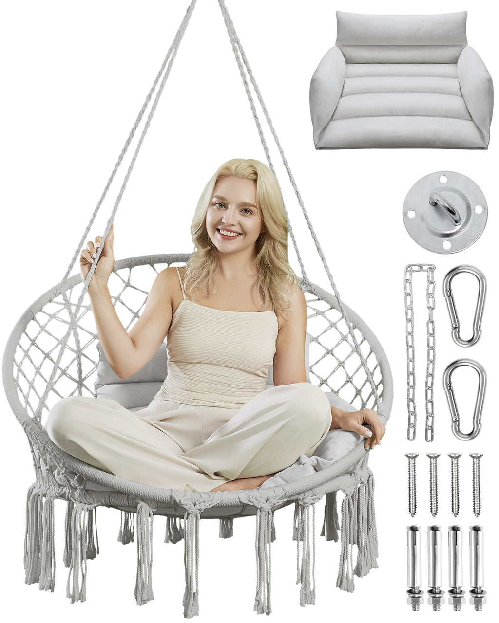 Greenstell Hammock Chair, Macrame Swing Chair with Comfy Cushion, Boho Hanging Chair for Outdoor & Indoor, Perfect for Bedroom, Patio, Balcony, Hold up to 350Lbs, Grey