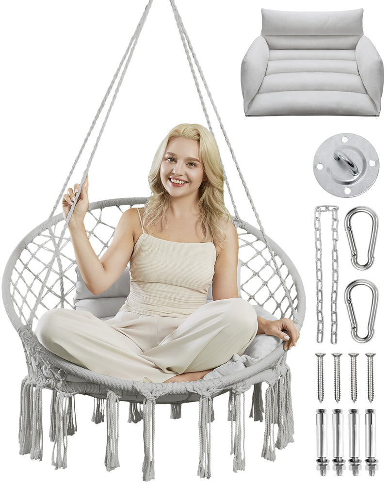 Greenstell Hammock Chair, Macrame Swing Chair with Comfy Cushion, Boho Hanging Chair for Outdoor & Indoor, Perfect for Bedroom, Patio, Balcony, Hold up to 350Lbs, Grey