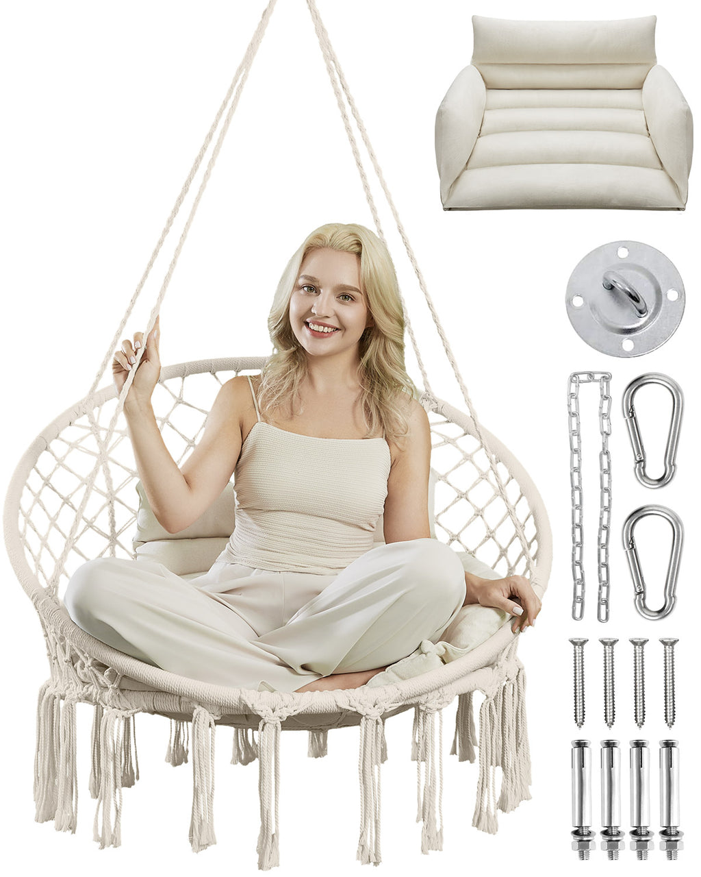 Greenstell Hammock Chair, Macrame Swing Chair with Comfy Cushion, Boho Hanging Chair for Outdoor & Indoor, Perfect for Bedroom, Patio, Balcony, Hold up to 350Lbs, Beige