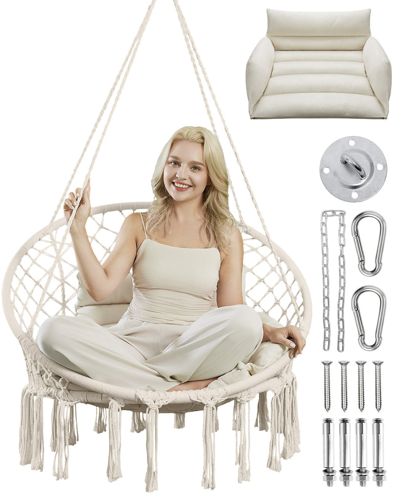 Greenstell Hammock Chair, Macrame Swing Chair with Comfy Cushion, Boho Hanging Chair for Outdoor & Indoor, Perfect for Bedroom, Patio, Balcony, Hold up to 350Lbs, Beige