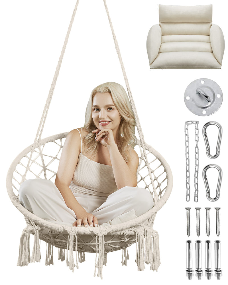 Greenstell Hammock Chair, Macrame Swing Chair with Comfy Cushion, Boho Hanging Chair for Outdoor & Indoor, Perfect for Bedroom, Patio, Balcony, Hold up to 330Lbs, 350lbs
