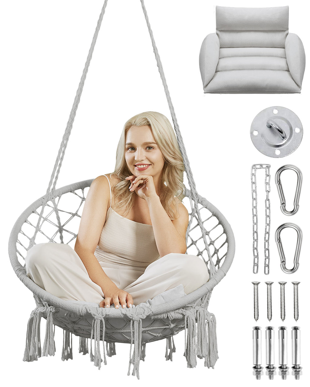 Greenstell Hammock Chair, Macrame Swing Chair with Comfy Cushion, Boho Hanging Chair for Outdoor & Indoor, Perfect for Bedroom, Patio, Balcony, Hold up to 330Lbs, Grey