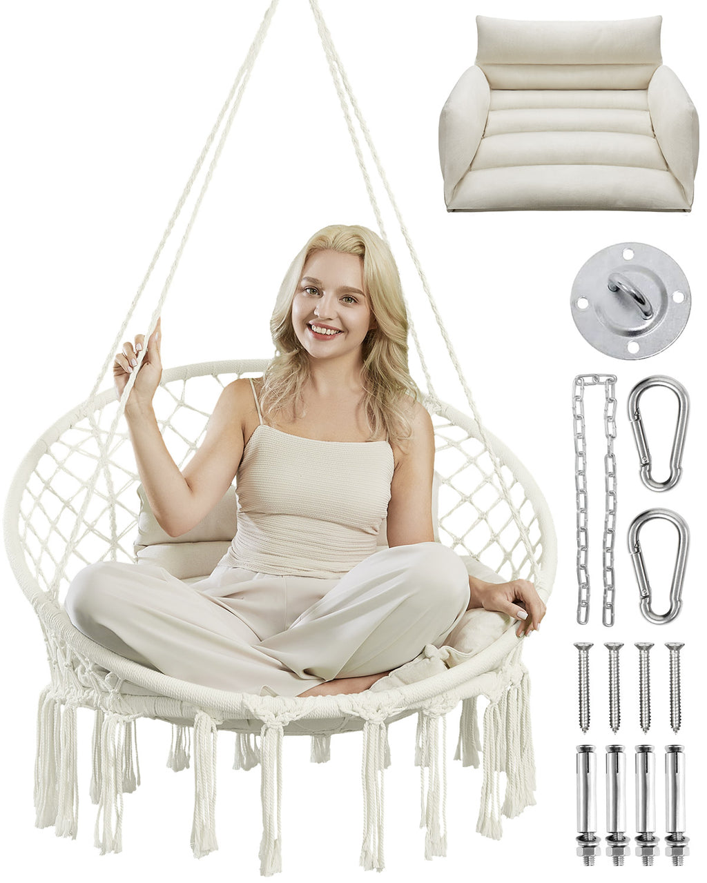 Greenstell Hammock Chair, Macrame Swing Chair with Comfy Cushion, Boho Hanging Chair for Outdoor & Indoor, Perfect for Bedroom, Patio, Balcony, Hold up to 350Lbs, White