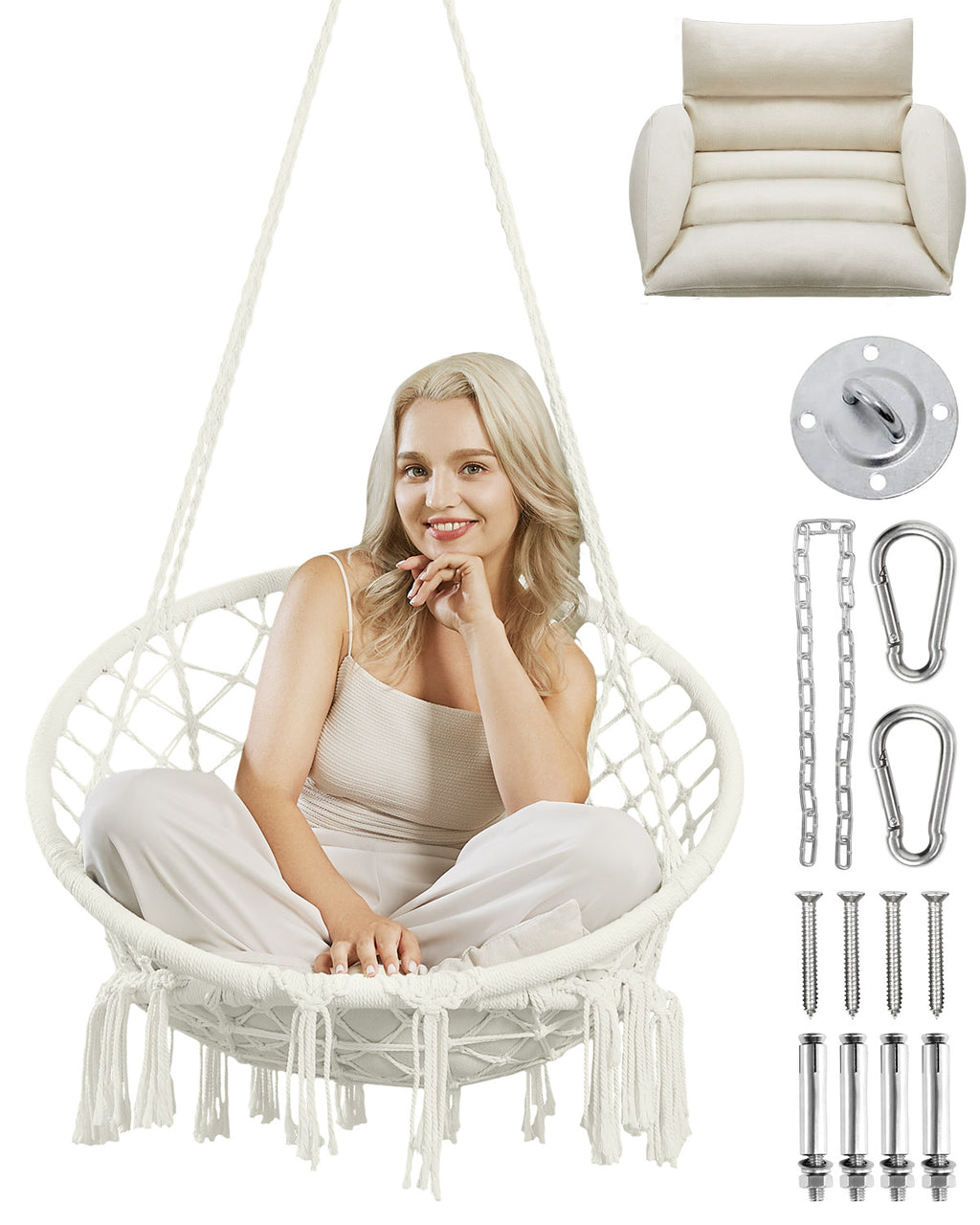 Greenstell Hammock Chair, Macrame Swing Chair with Comfy Cushion, Boho Hanging Chair for Outdoor & Indoor, Perfect for Bedroom, Patio, Balcony, Hold up to 330Lbs, White