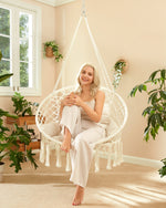 Greenstell Hammock Chair, Macrame Swing Chair with Comfy Cushion, Boho Hanging Chair for Outdoor & Indoor, Perfect for Bedroom, Patio, Balcony, Hold up to 350Lbs, Beige