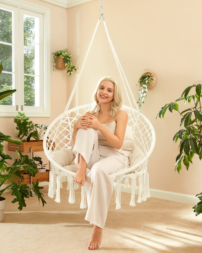 Greenstell Hammock Chair, Macrame Swing Chair with Comfy Cushion, Boho Hanging Chair for Outdoor & Indoor, Perfect for Bedroom, Patio, Balcony, Hold up to 350Lbs, White