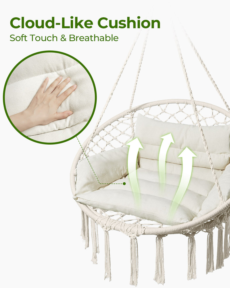 Greenstell Hammock Chair, Macrame Swing Chair with Comfy Cushion, Boho Hanging Chair for Outdoor & Indoor, Perfect for Bedroom, Patio, Balcony, Hold up to 350Lbs, Beige