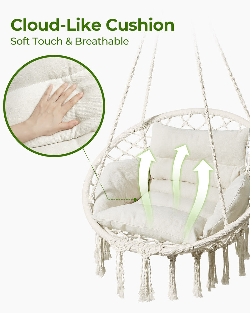 Greenstell Hammock Chair, Macrame Swing Chair with Comfy Cushion, Boho Hanging Chair for Outdoor & Indoor, Perfect for Bedroom, Patio, Balcony, Hold up to 330Lbs, 350lbs