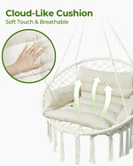 Greenstell Hammock Chair, Macrame Swing Chair with Comfy Cushion, Boho Hanging Chair for Outdoor & Indoor, Perfect for Bedroom, Patio, Balcony, Hold up to 350Lbs, White