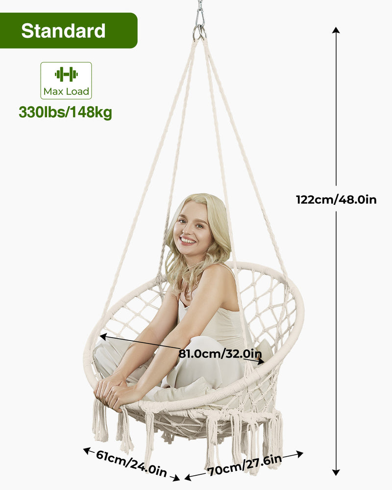 Greenstell Hammock Chair, Macrame Swing Chair with Comfy Cushion, Boho Hanging Chair for Outdoor & Indoor, Perfect for Bedroom, Patio, Balcony, Hold up to 330Lbs, 350lbs