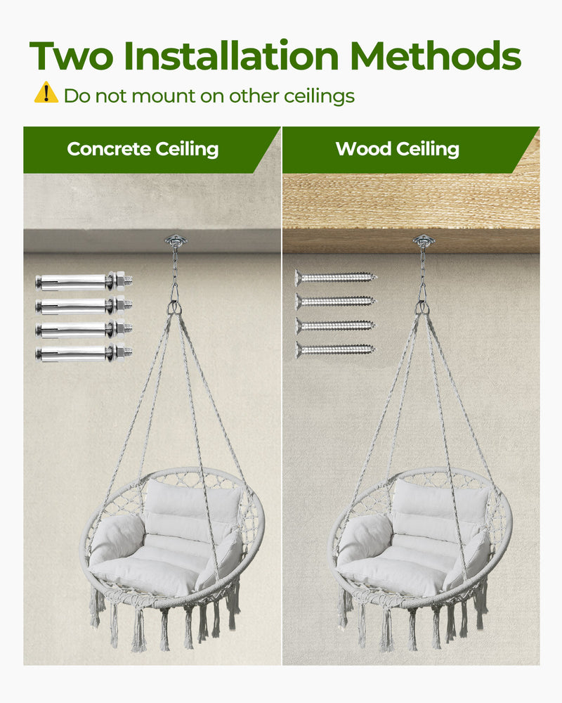 Greenstell Hammock Chair, Macrame Swing Chair with Comfy Cushion, Boho Hanging Chair for Outdoor & Indoor, Perfect for Bedroom, Patio, Balcony, Hold up to 330Lbs, Grey