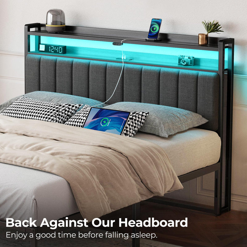 Rolanstar Headboard with Storage, 60,000 DIY Color of LED Light, HeadBoard with USB & Type C Port, Height Adjustable, Upholstered Cabeceras de Cama Comfortable Modern