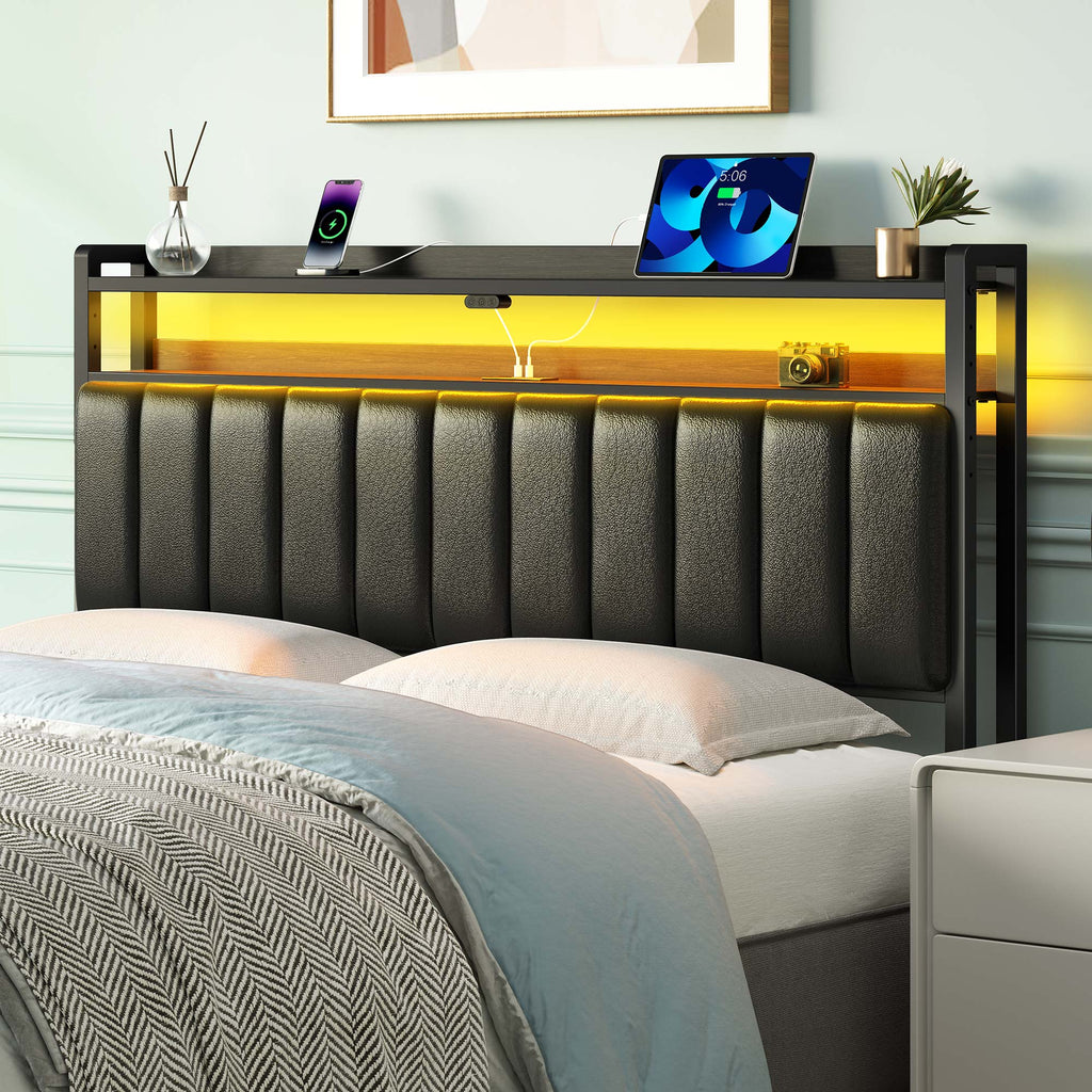 Greenstell Adjustable Storage Headboard - Modern Black Upholstered Bed Frame with LED Lights, Charging Station & Soft Padding
