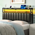 Greenstell Adjustable Storage Headboard - Modern Black Upholstered Bed Frame with LED Lights, Charging Station & Soft Padding