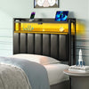 Greenstell Adjustable Storage Headboard - Modern Black Upholstered Bed Frame with LED Lights, Charging Station & Soft Padding